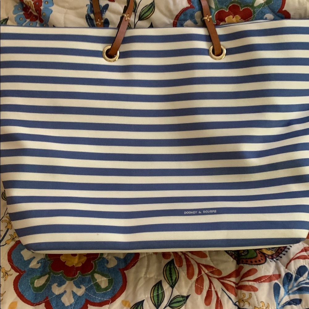 Dooney & Bourke Navy and White Striped Tote with Brown Trim - Picture 2 of 6